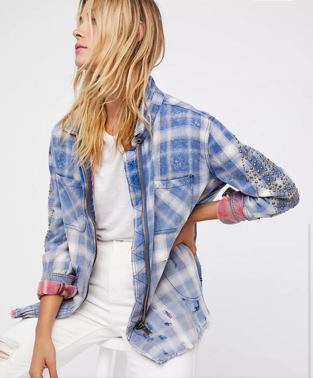 Free People Deconstructed Shirt Jacket Plaid Zip Up Embellished Sz Medium